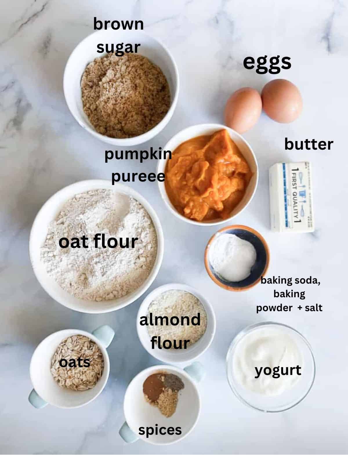 Ingredients for gluten free pumpkin muffins are text-labeled.