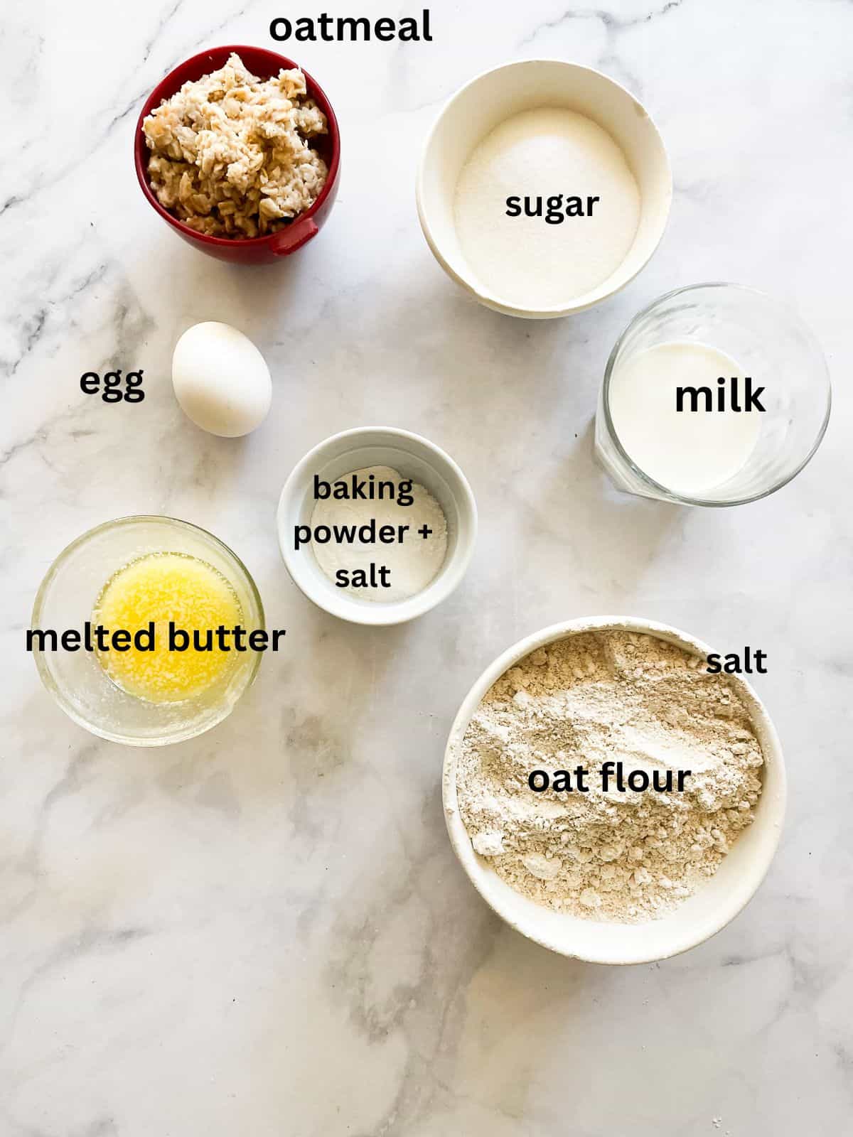 Ingredients for leftover oatmeal muffins including oat flour and oatmeal are text-labeled.