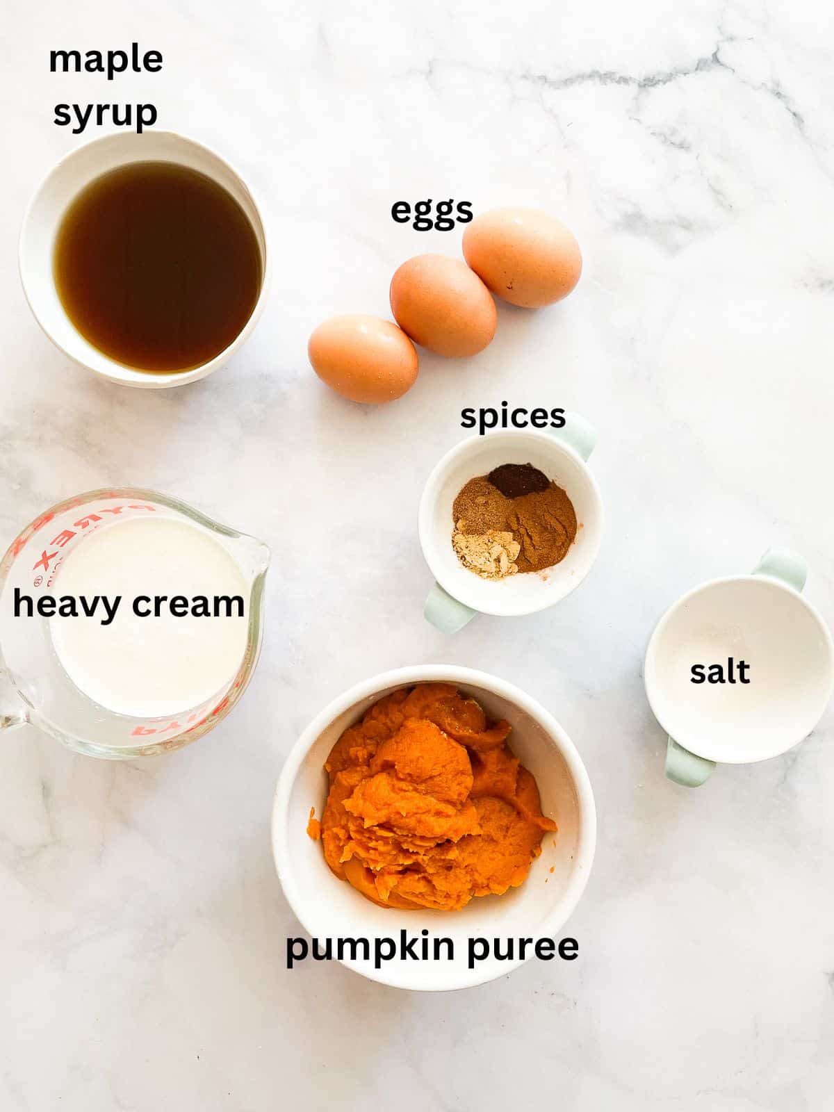 Ingredients for maple pumpkin pie including eggs and maple syrup are text-labeled.