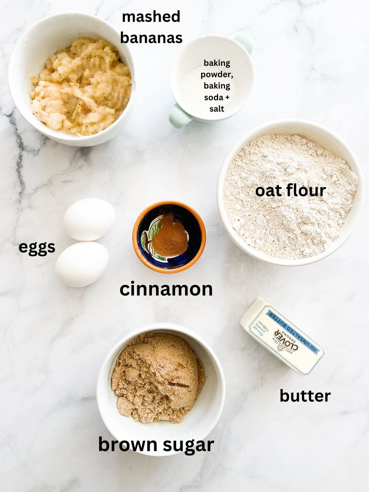 Ingredients for oat flour banana bread including mashed bananas and oat flour are text-labeled.