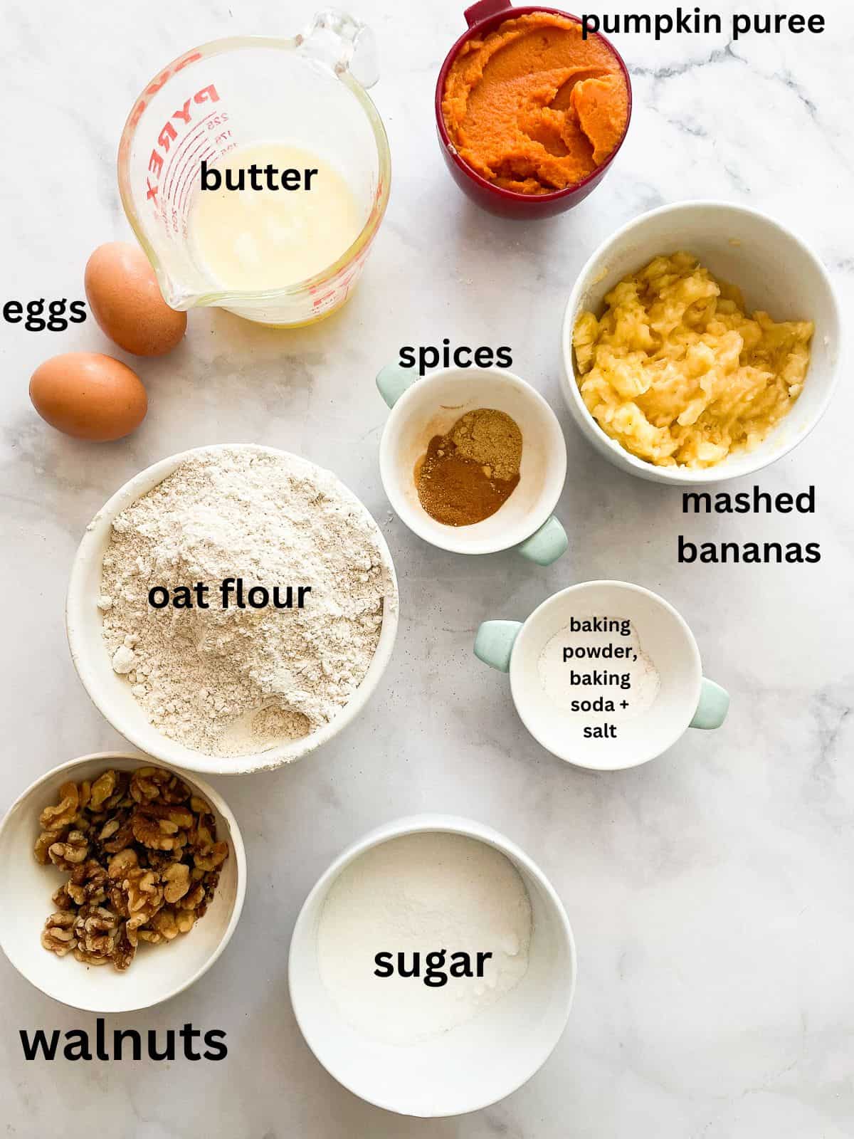 Ingredients for pumpkin banana muffins are text-labeled and portioned.