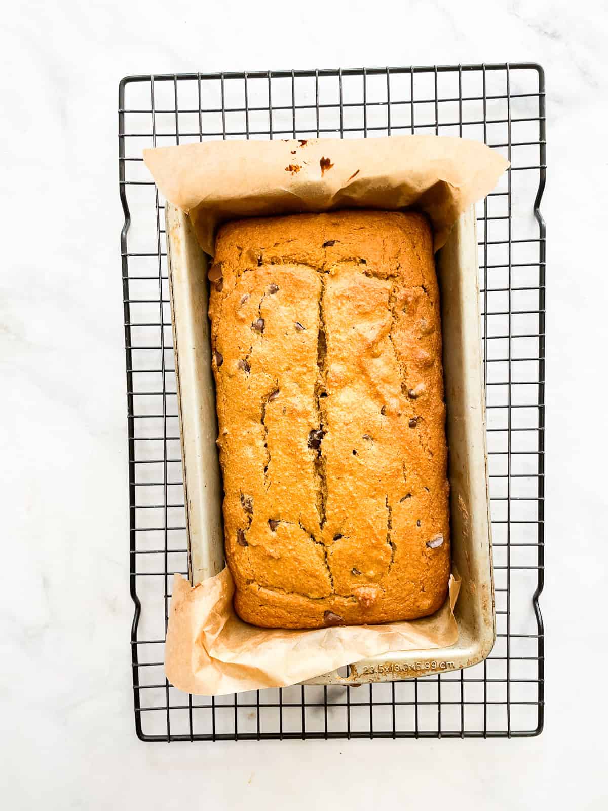 A loaf of gluten free pumpkin chocolate chip bread cools on a rack in the pan.