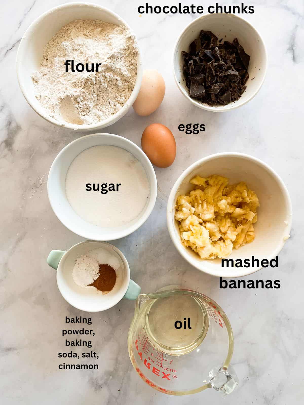 Ingredients for banans chocolate chunk muffins including spices and flour are text-labeled.