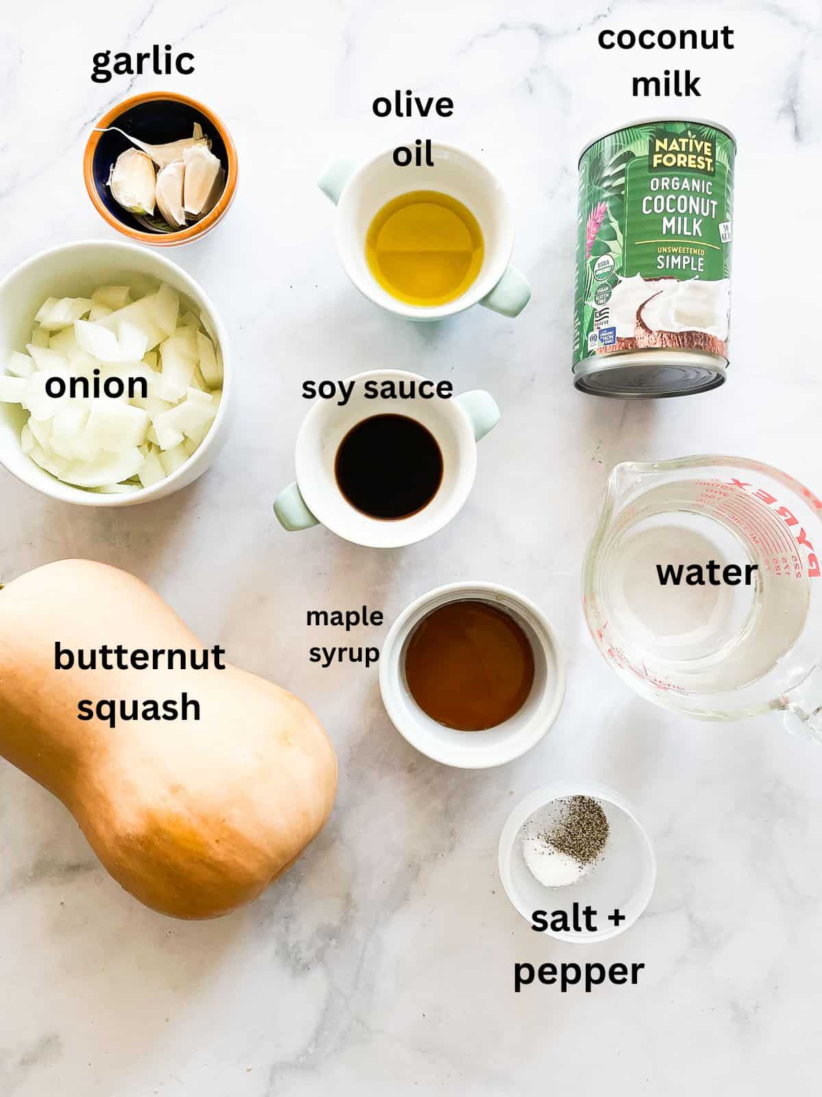 Ingredients for butternut squash soup are portioned and labeled.