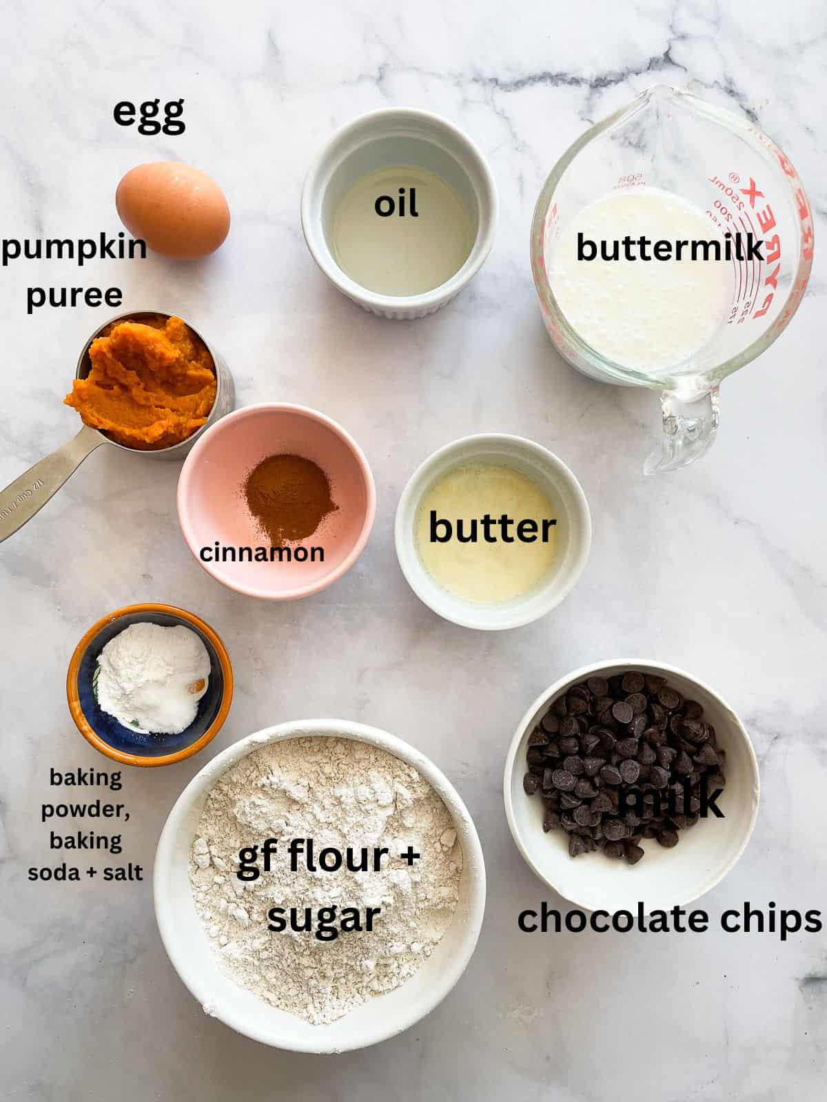 Ingredients for pumpkin chocolate chip cake are portioned out and text-labeled.