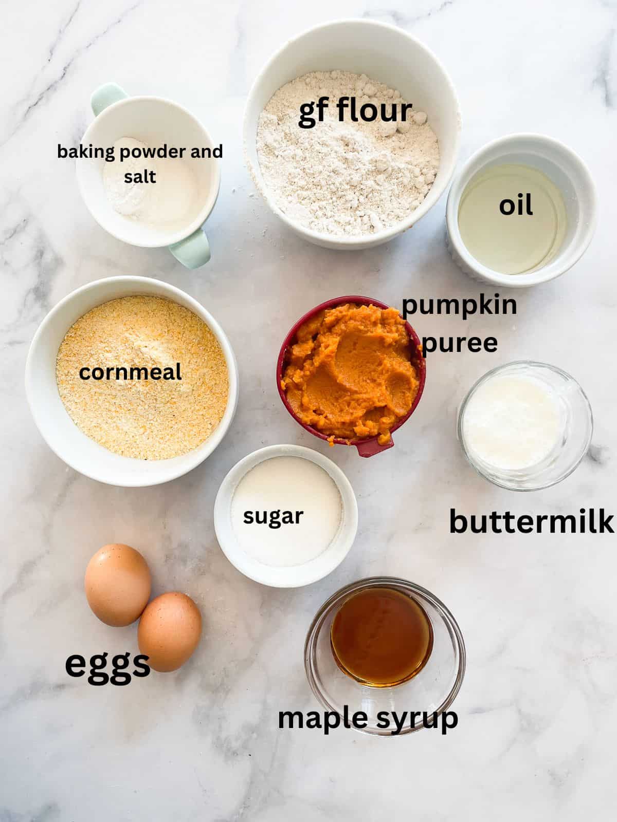 Ingredients for gluten free pumpkin cornbread are text-labeled.