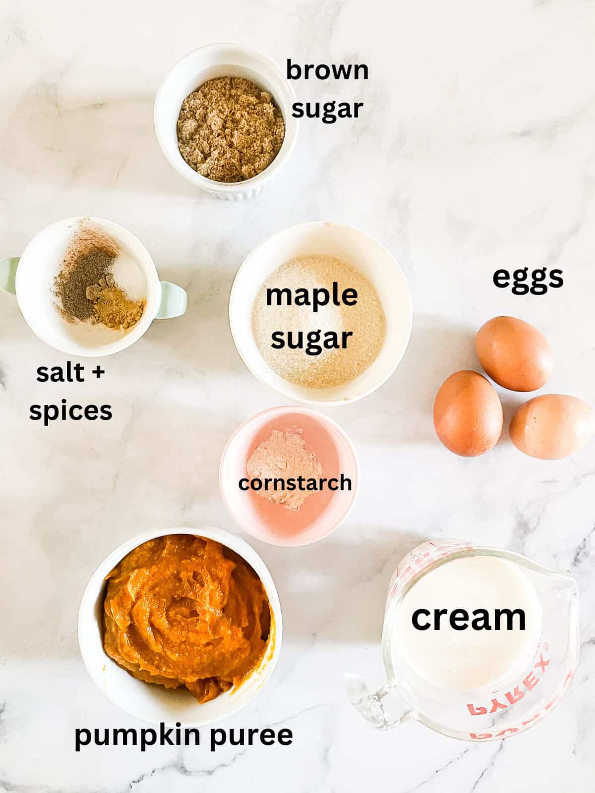 Ingredients for pumpkin pie with whipped cream are text-labeled.