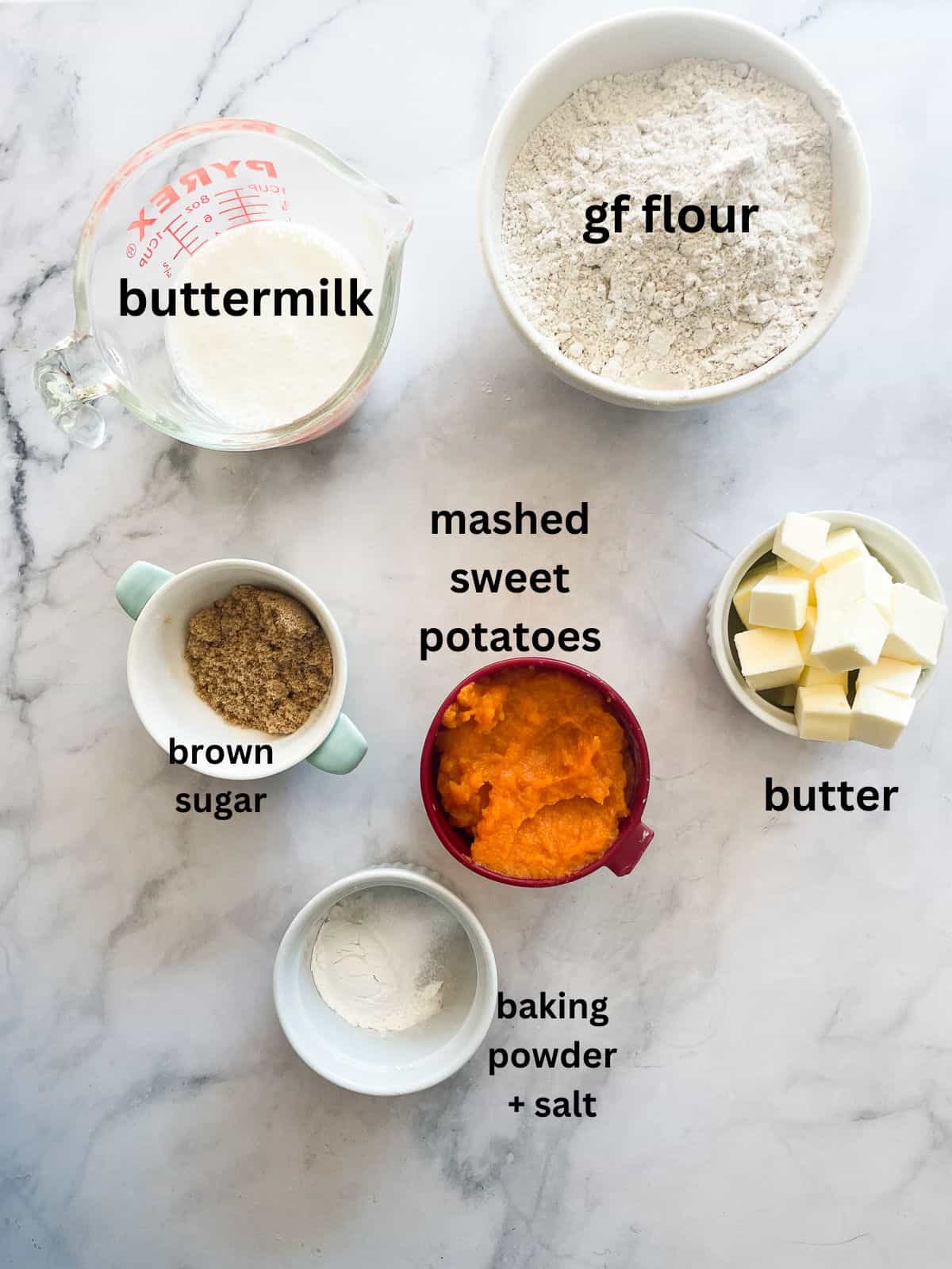 Ingredients for sweet potato biscuits are portioned out and text-labeled.