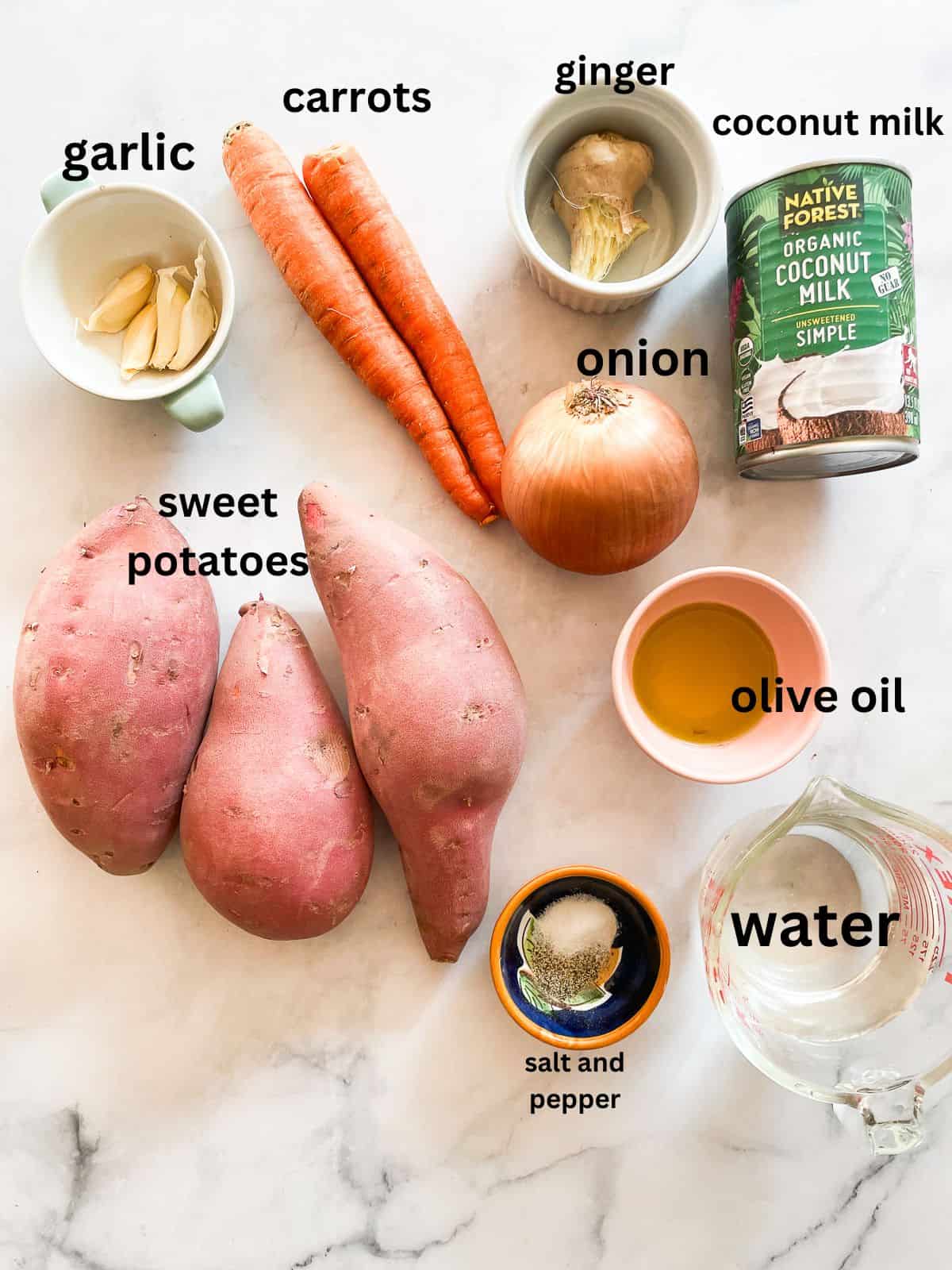 Ingredients for sweet potato and coconut soup are text-labeled.