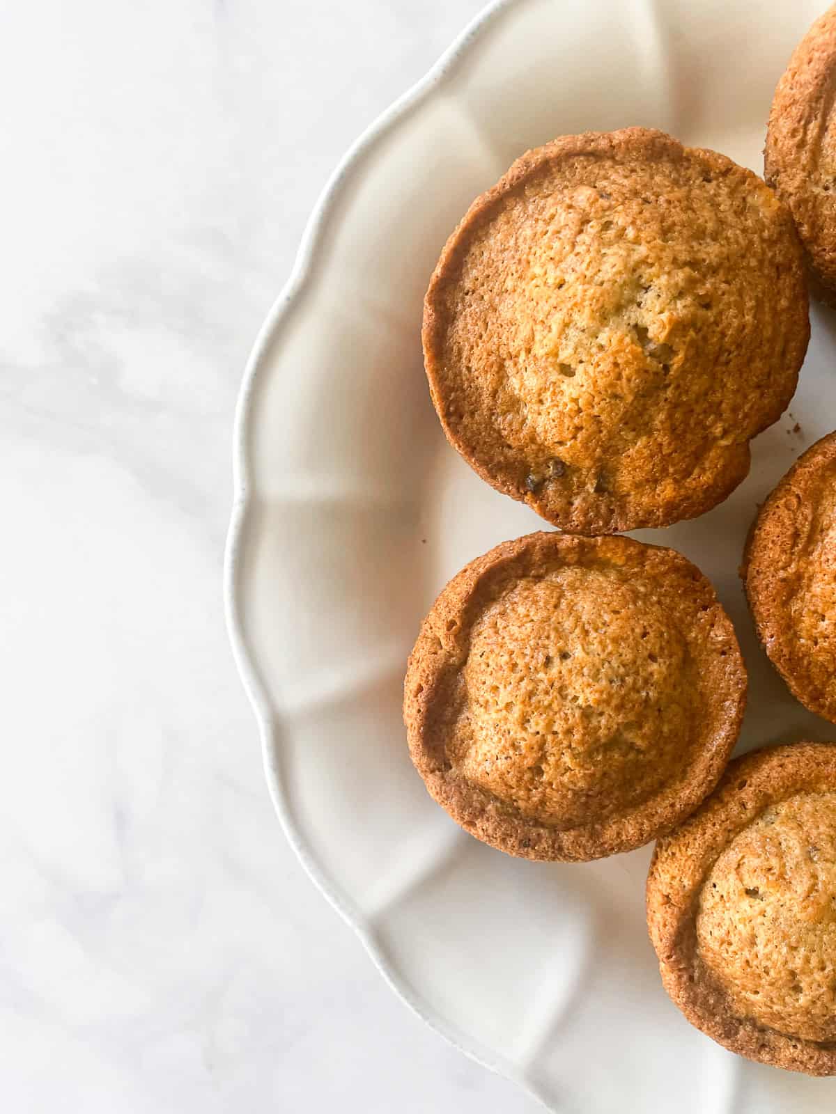 A few gluten free chocolate chunk banana muffins on a plate.