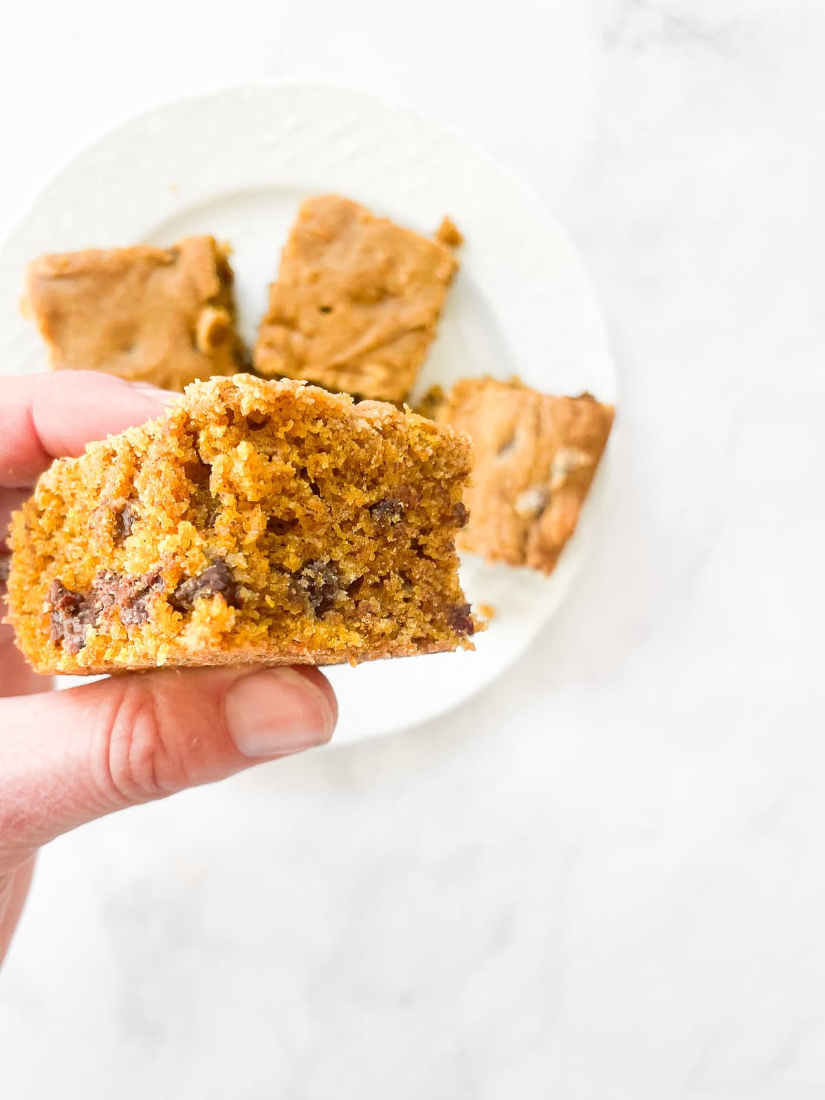 A hand holds up a piece of gluten free pumpkin chocolate chip cake.