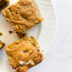 Pieces of gluten free pumpkin chocolate chip cake on a plate.