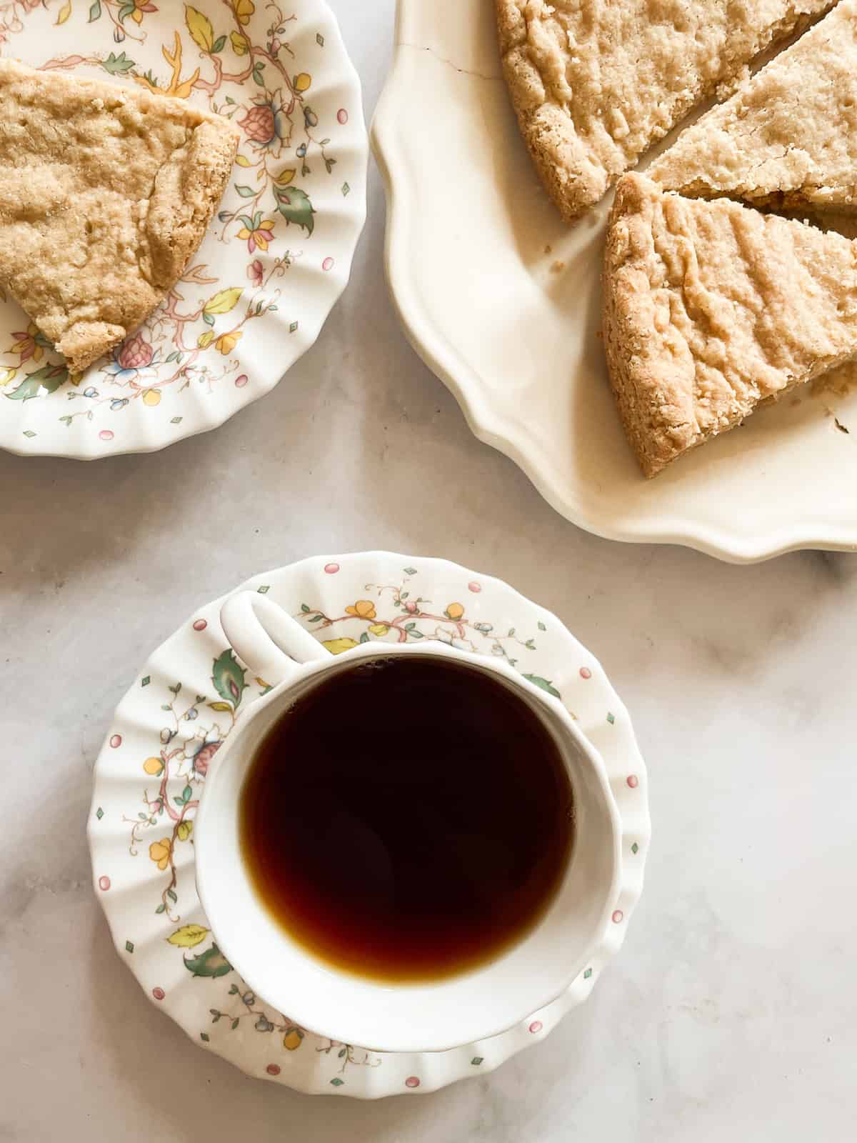 A cup of tea and gluten free shortbread.