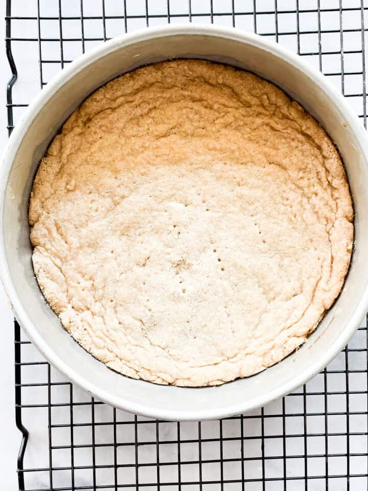 A pan of gluten free shortbread before being cut.