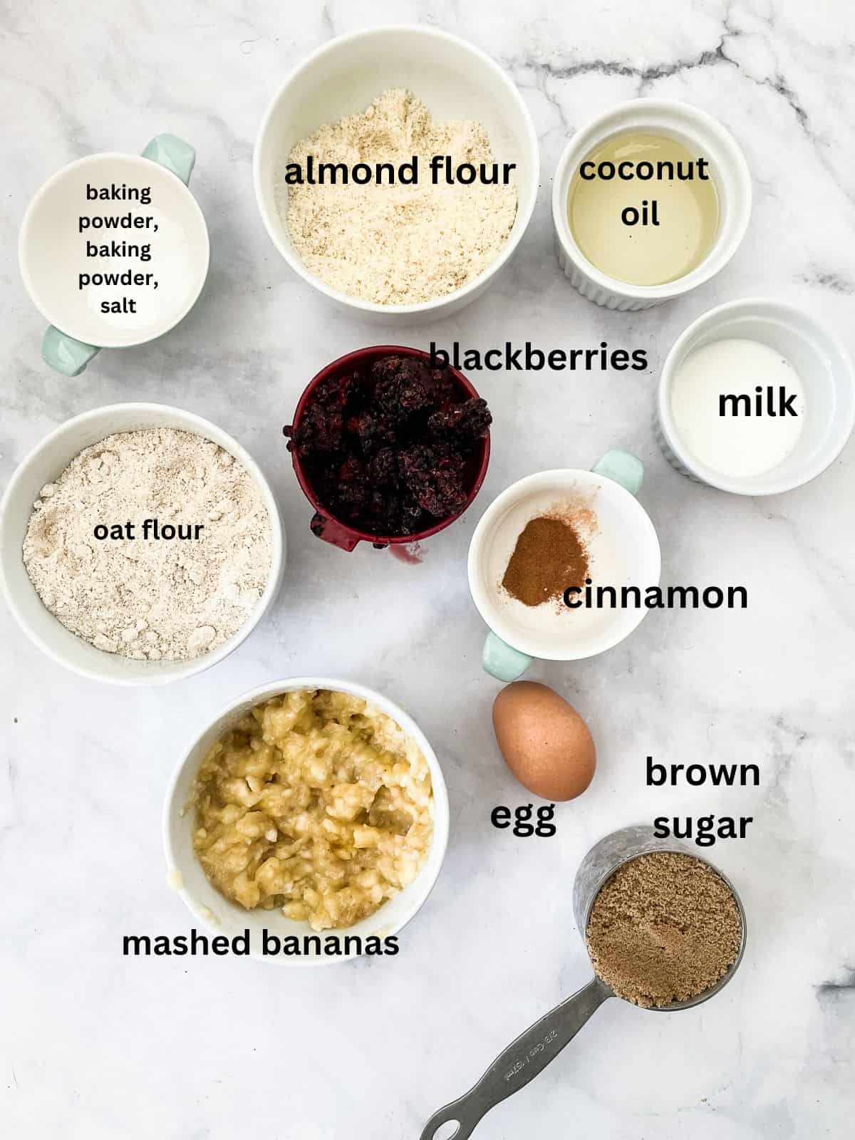 Ingredients for banana blackberry muffins are text-labeled.