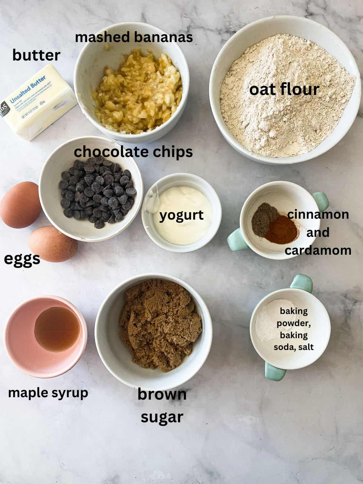 Ingredients for gluten free banana bread muffins are text-labeled.