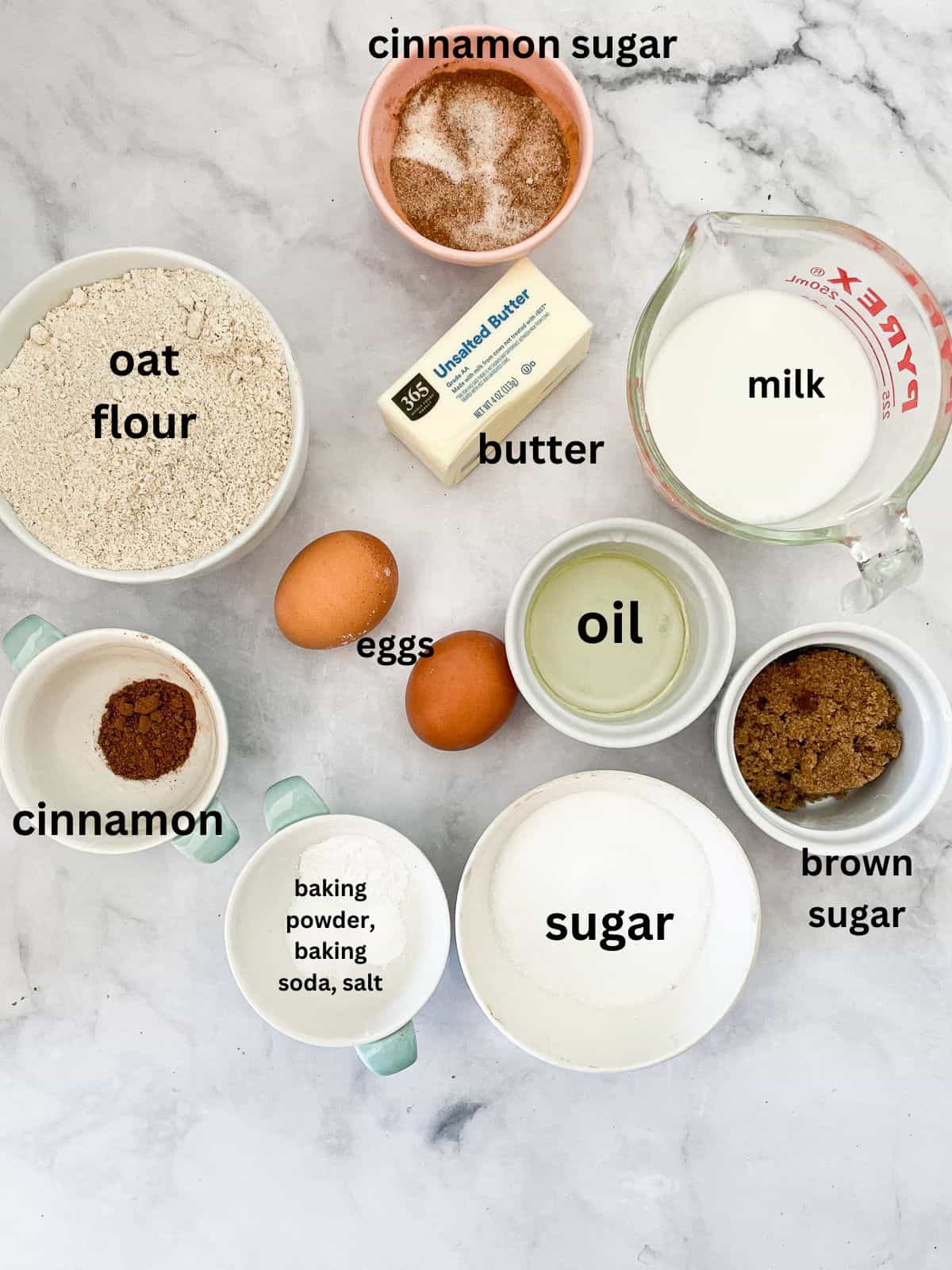 Ingredients for cinnamon sugar muffins are text-labeled.