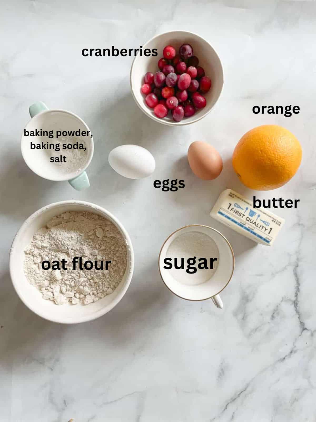 Ingredients for gluten free cranberry orange bread are text-labeled.