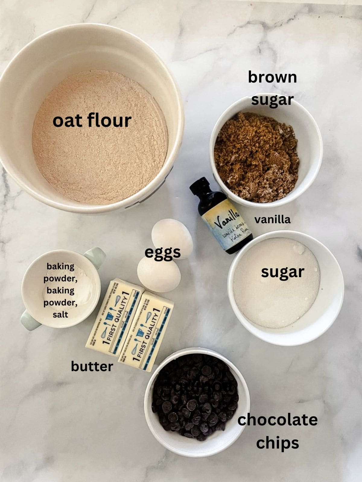 Ingredients for oat flour chocolate chip cookies are text labeled.