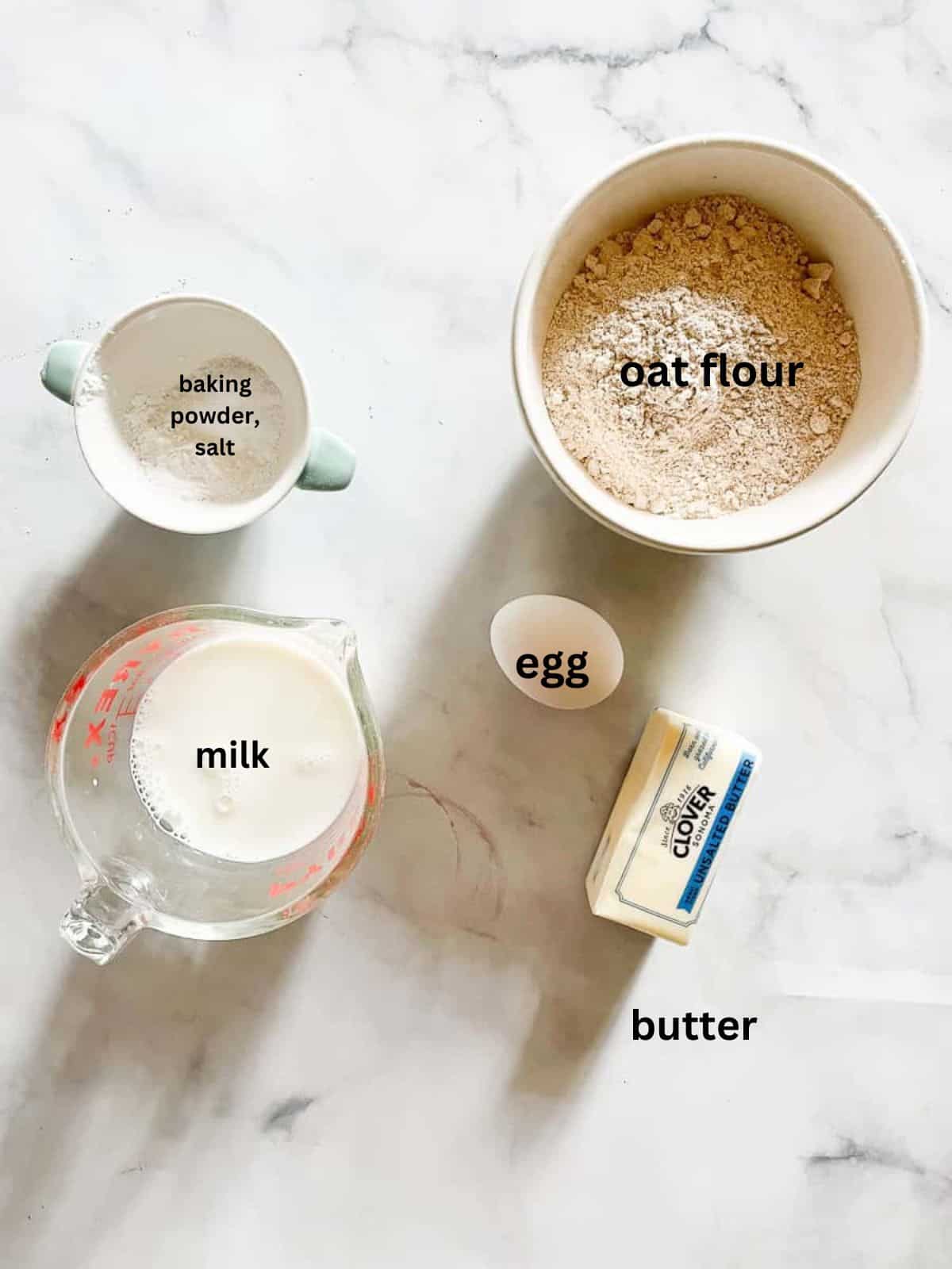 Ingredients for oat flour pancakes are text labeled.