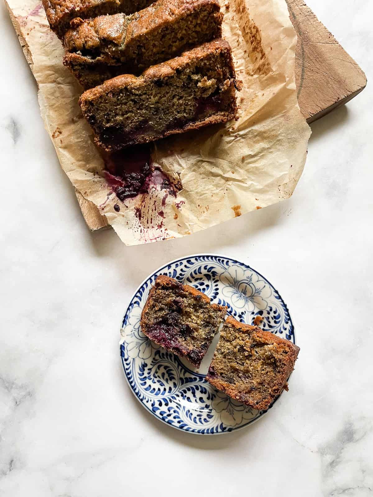 Slices of blackberry banana bread.