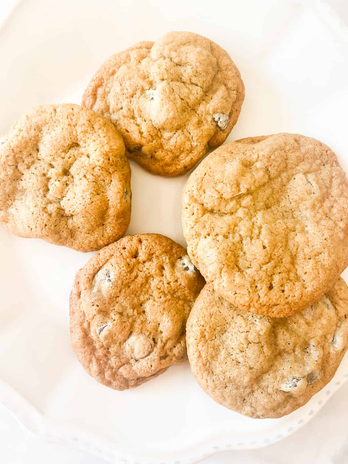 Six gluten free chocolate chip cookies on a plate.