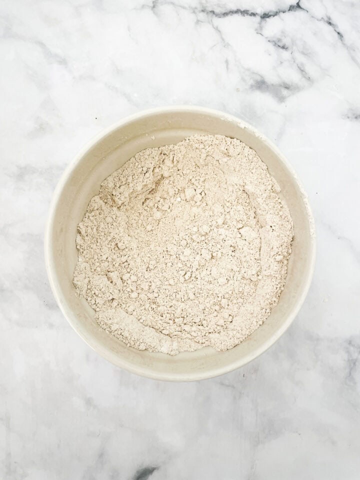 Dry mix for oat flour chocolate chip cookies in a bowl.