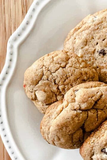 A plate of gluten free chocolate chip cookies.