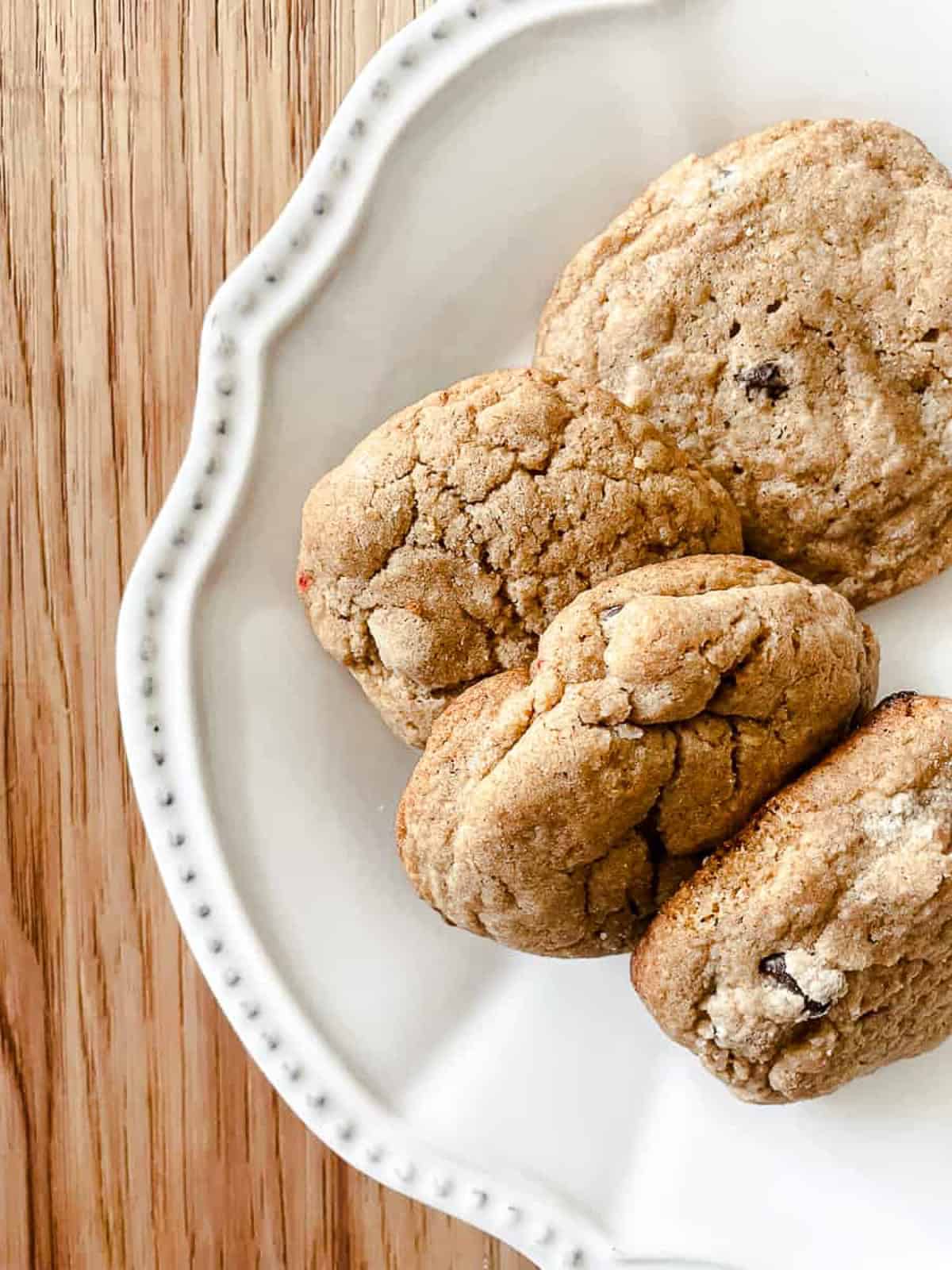 A plate of gluten free chocolate chip cookies.