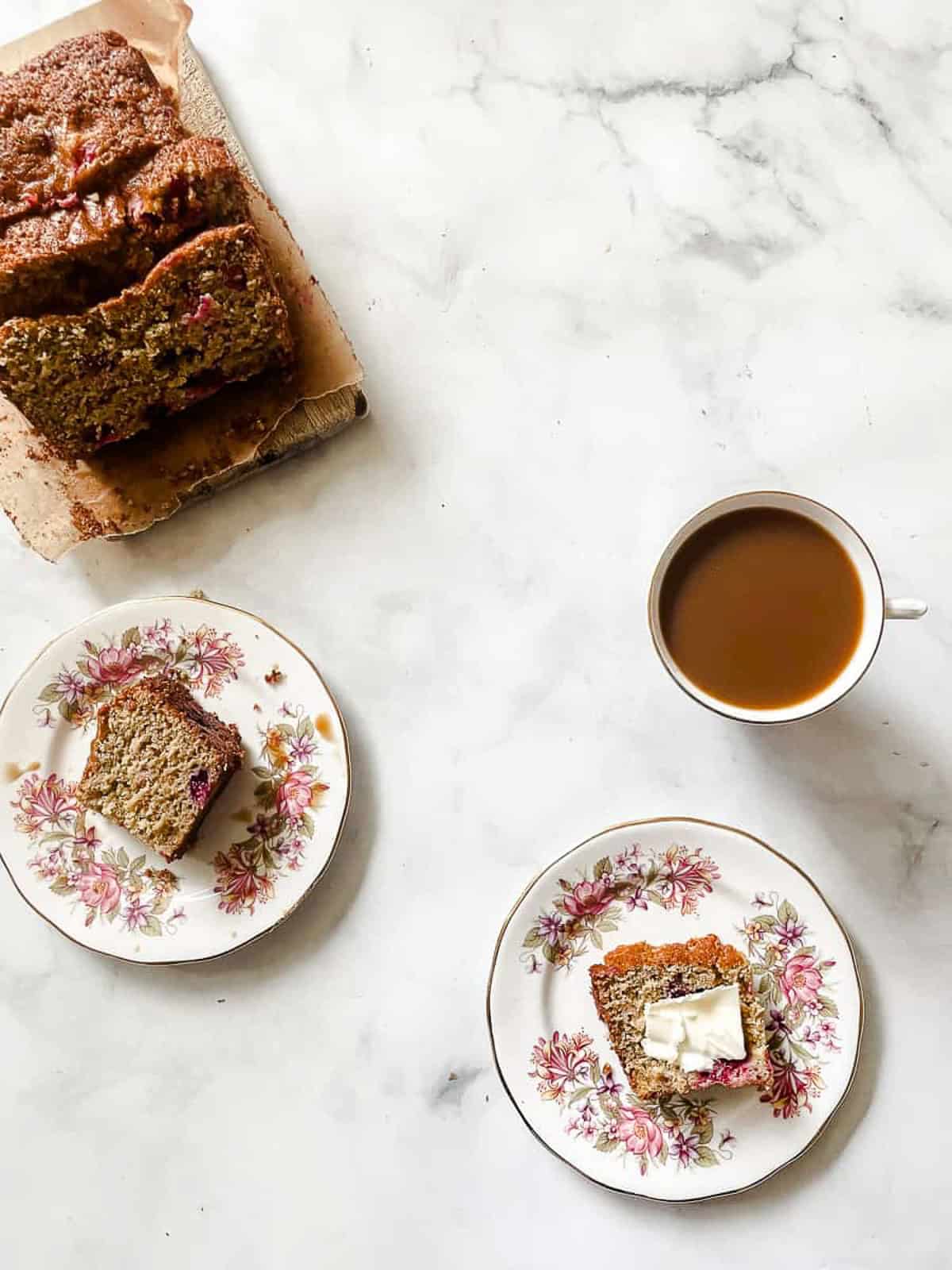 Slices of cranberry orange bread and tea.