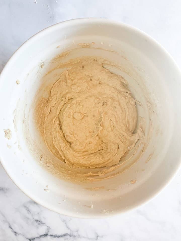 Batter for banana bread in a bowl.