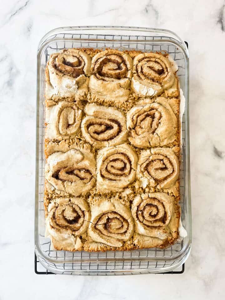 A baked pan of gluten-free cinnamon rolls.