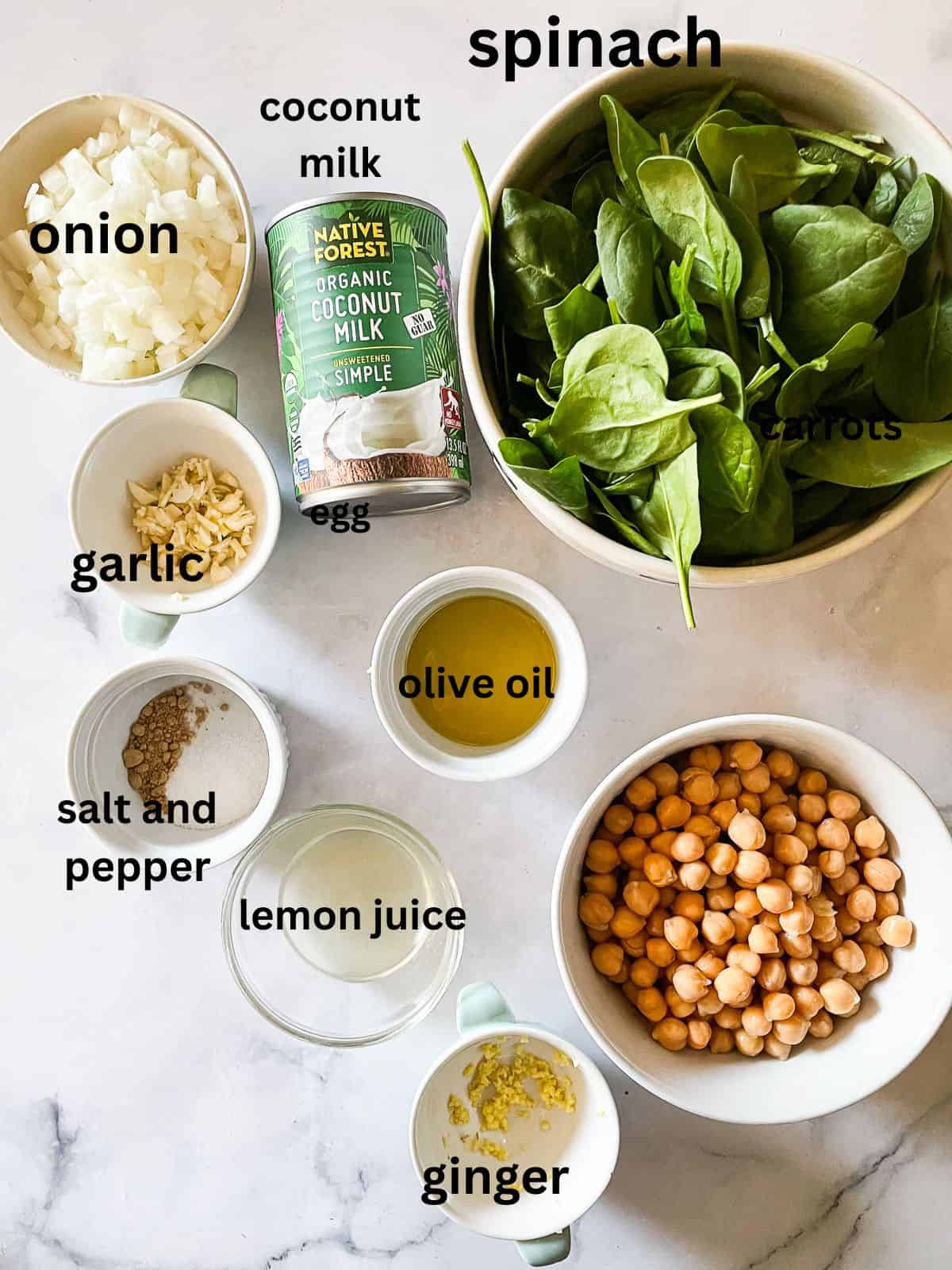 Ingredients for curried chickpeas with coconut milk are text-labeled.