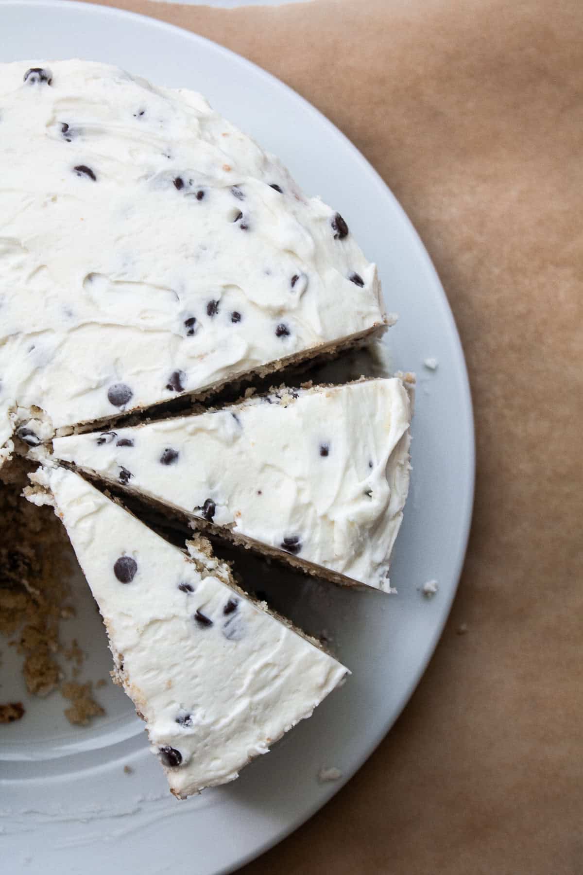 A chocolate chip cut into slices.