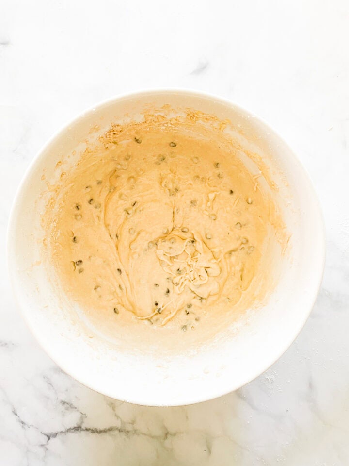 Chocolate chip cake batter in a bowl.