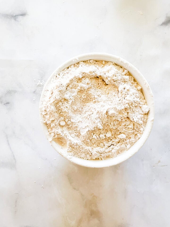 Dry mix for chocolate chip cake in a bowl.