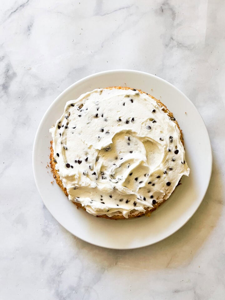 Chocolate chip frosting spread on a cake round.