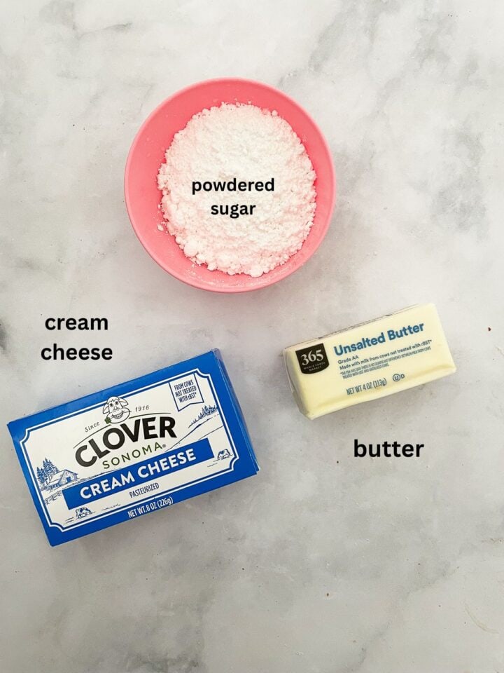 Ingredients for cream cheese frosting are text-labeled.