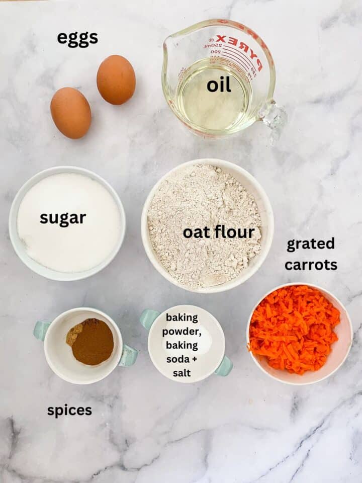 Ingredients for carrot cake cupcakes are text-labeled.
