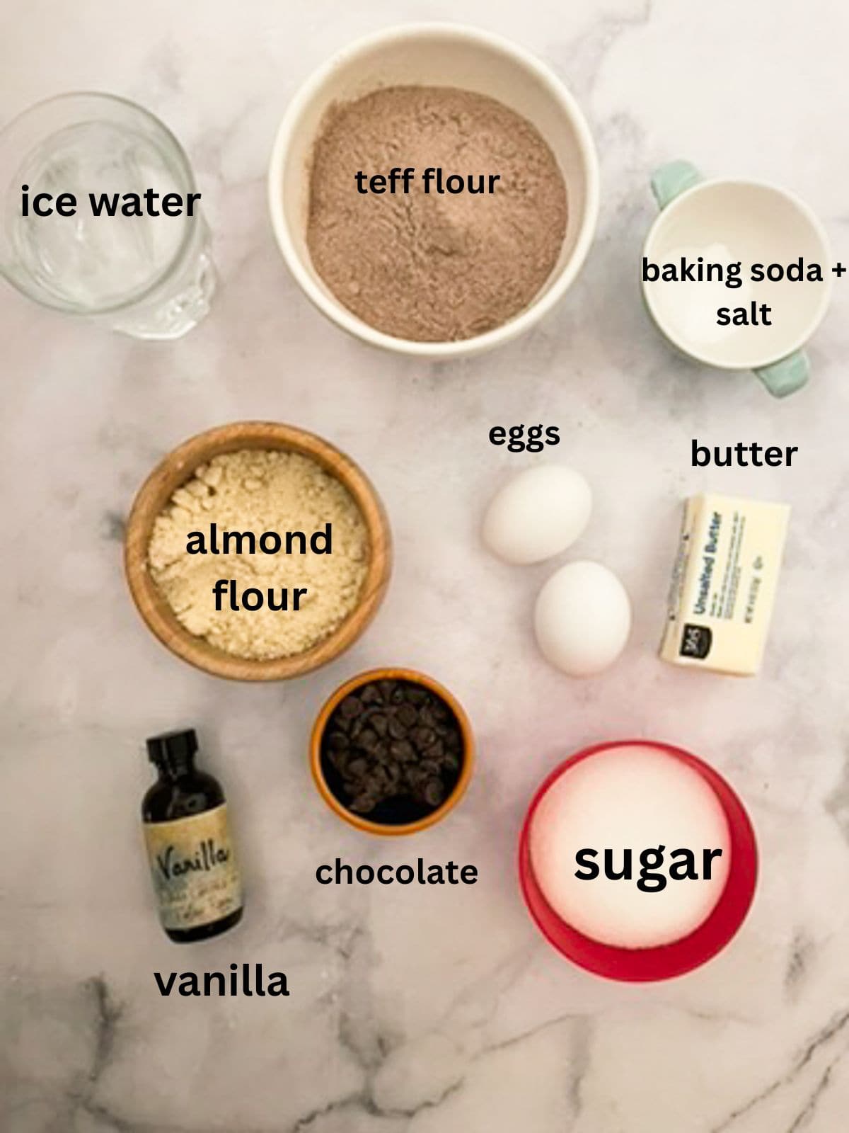 Ingredients for chocolate teff cake are text-labeled.