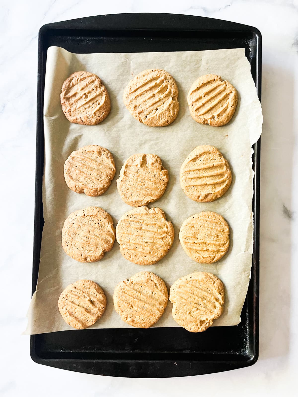Tender and super peanut buttery gluten-free peanut butter cookies are made in just one bowl! Packed with sweet-salty flavor in every bite. Peanut butter cookies cool on a baking sheet.