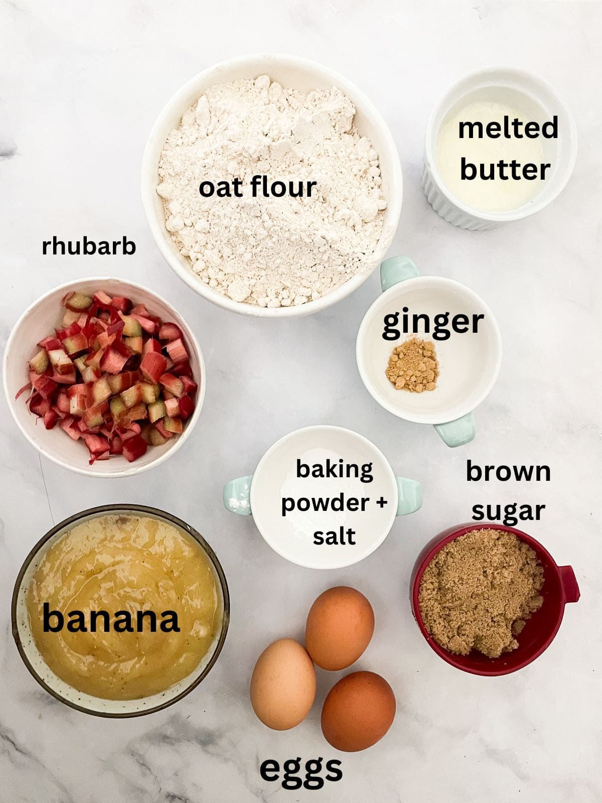 Ingredients for gluten free rhubarb banana bread are text-labeled.