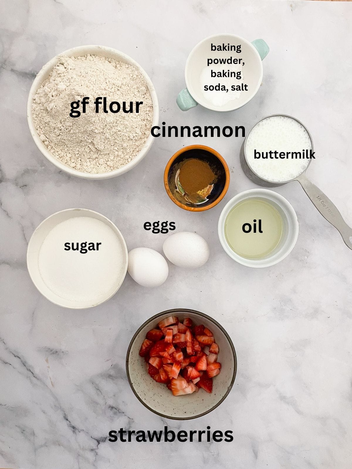 Ingredients for gluten free strawberry muffins are text-labeled.