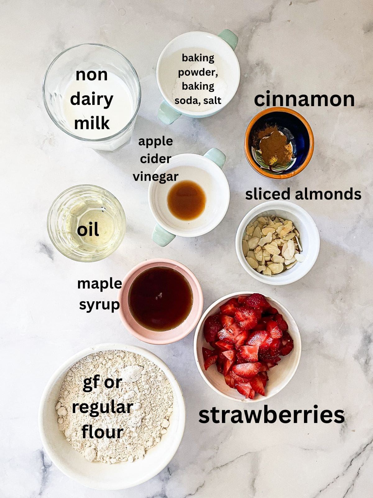 Ingredients for gluten free vegan strawberry muffins are text labeled.