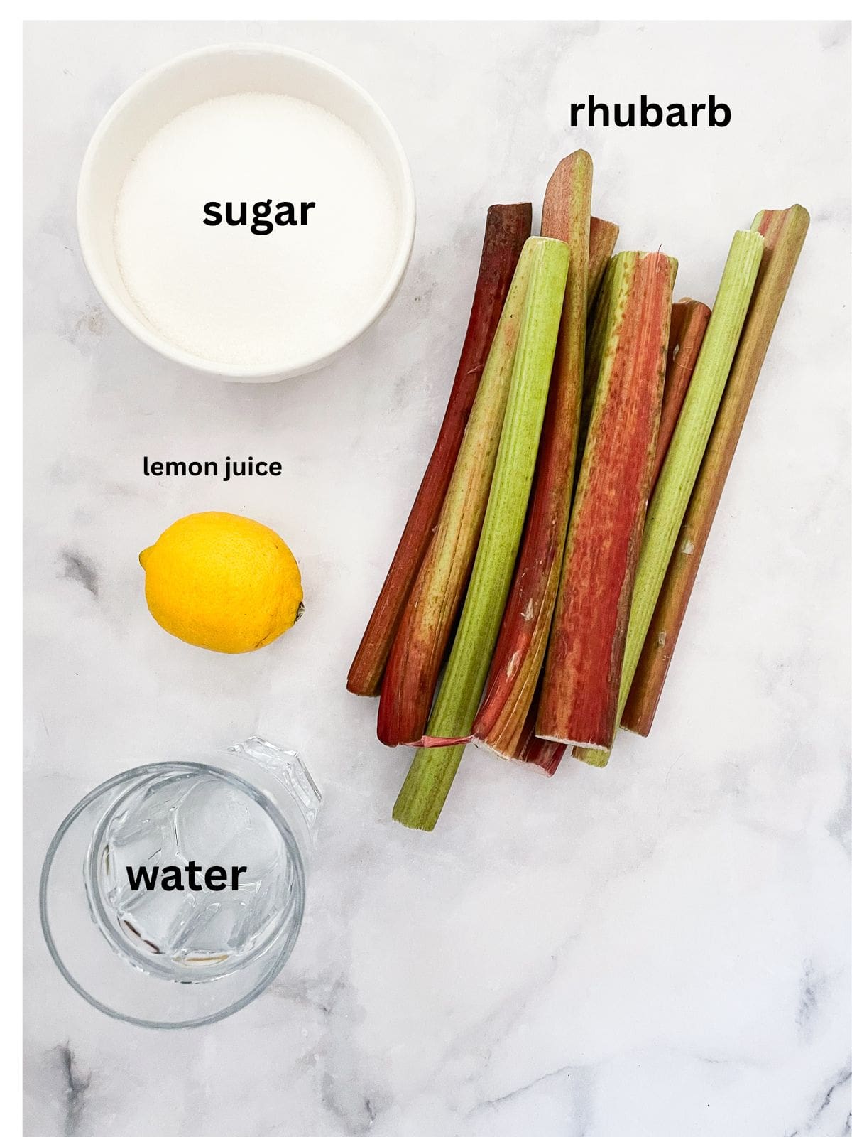 This rhubarb jam recipe produces a tart-sweet jam that mellows on top of a piece of buttered toast or a fresh scone. Ingredients for rhubarb jam are text-labeled.