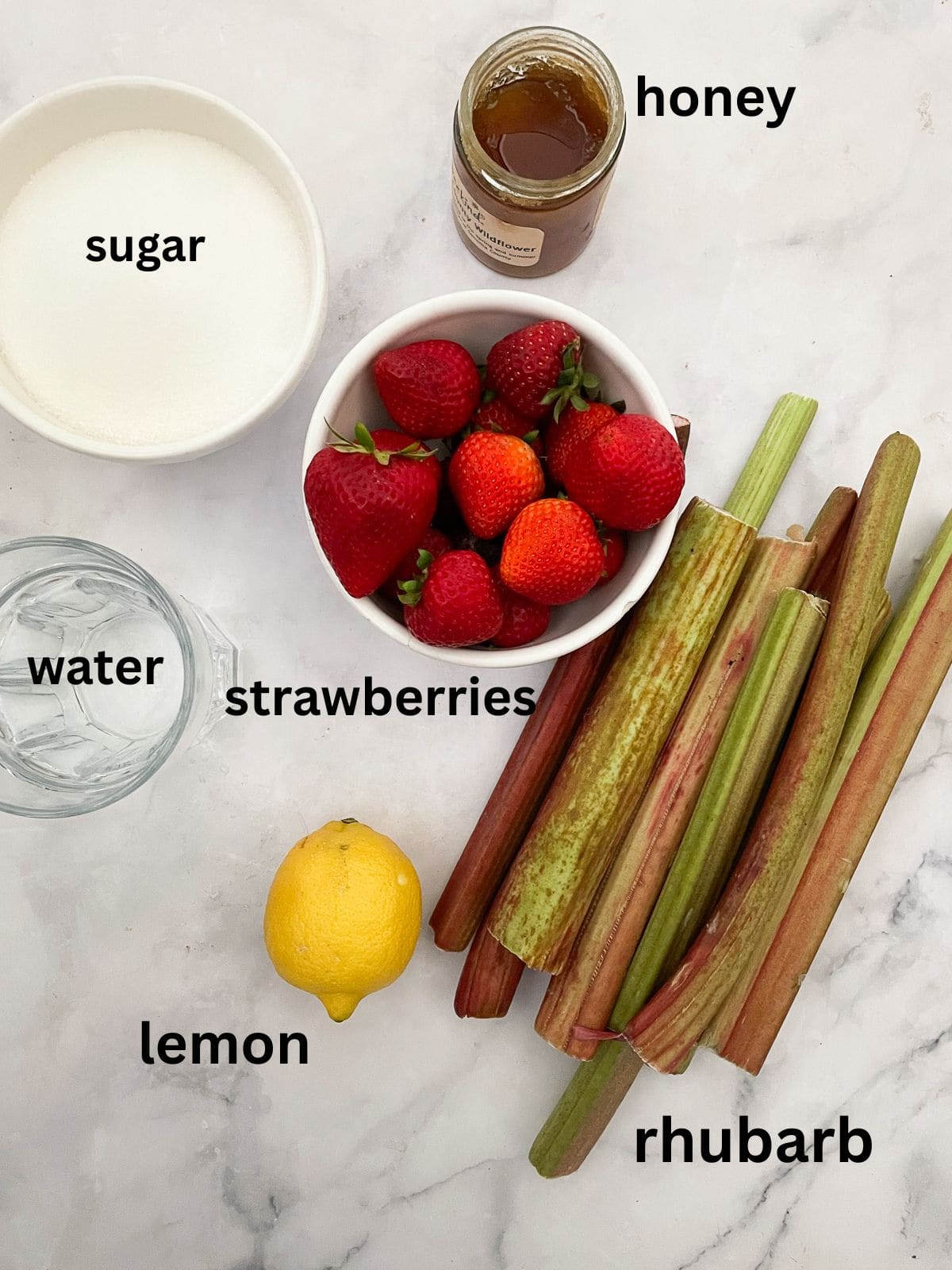 The ingredients for strawberry & rhubarb jam are text-labeled.