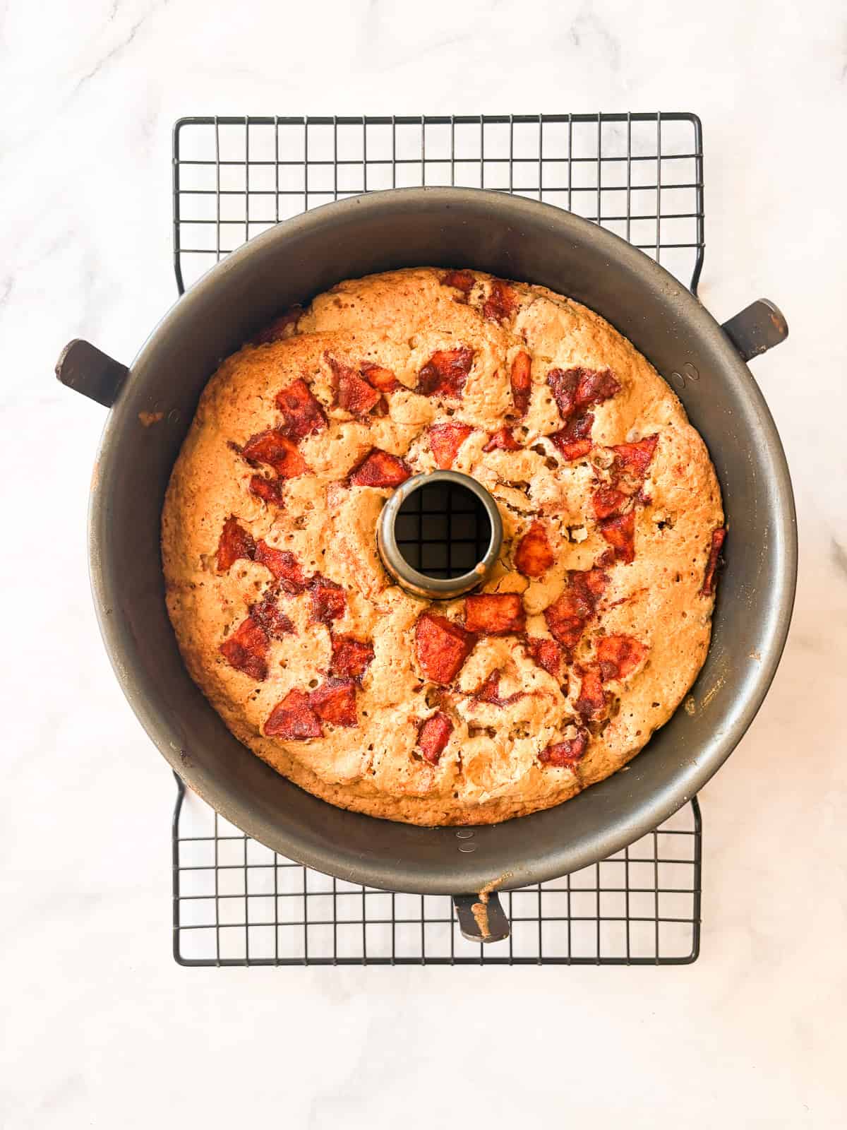 A sweet and simple gluten free apple cake that showcases a tender cake layered with cinnamon-y apples. One-bowl recipe! A gluten free apple cake cools in a tube pan.