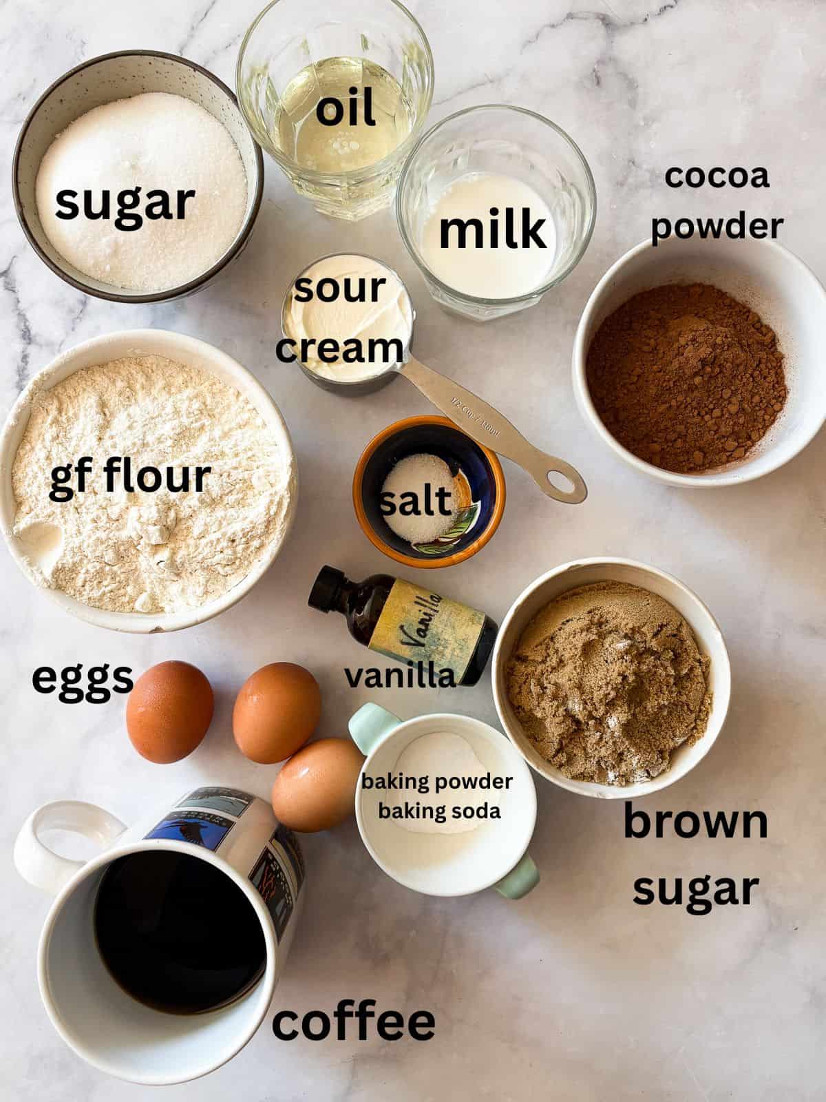 This is the best chocolate cake: Moist, tender, and with a perfect gluten-free crumb! Top it with chocolate buttercream for a real treat. Chocolate cake ingredients are text-labeled and portioned out.