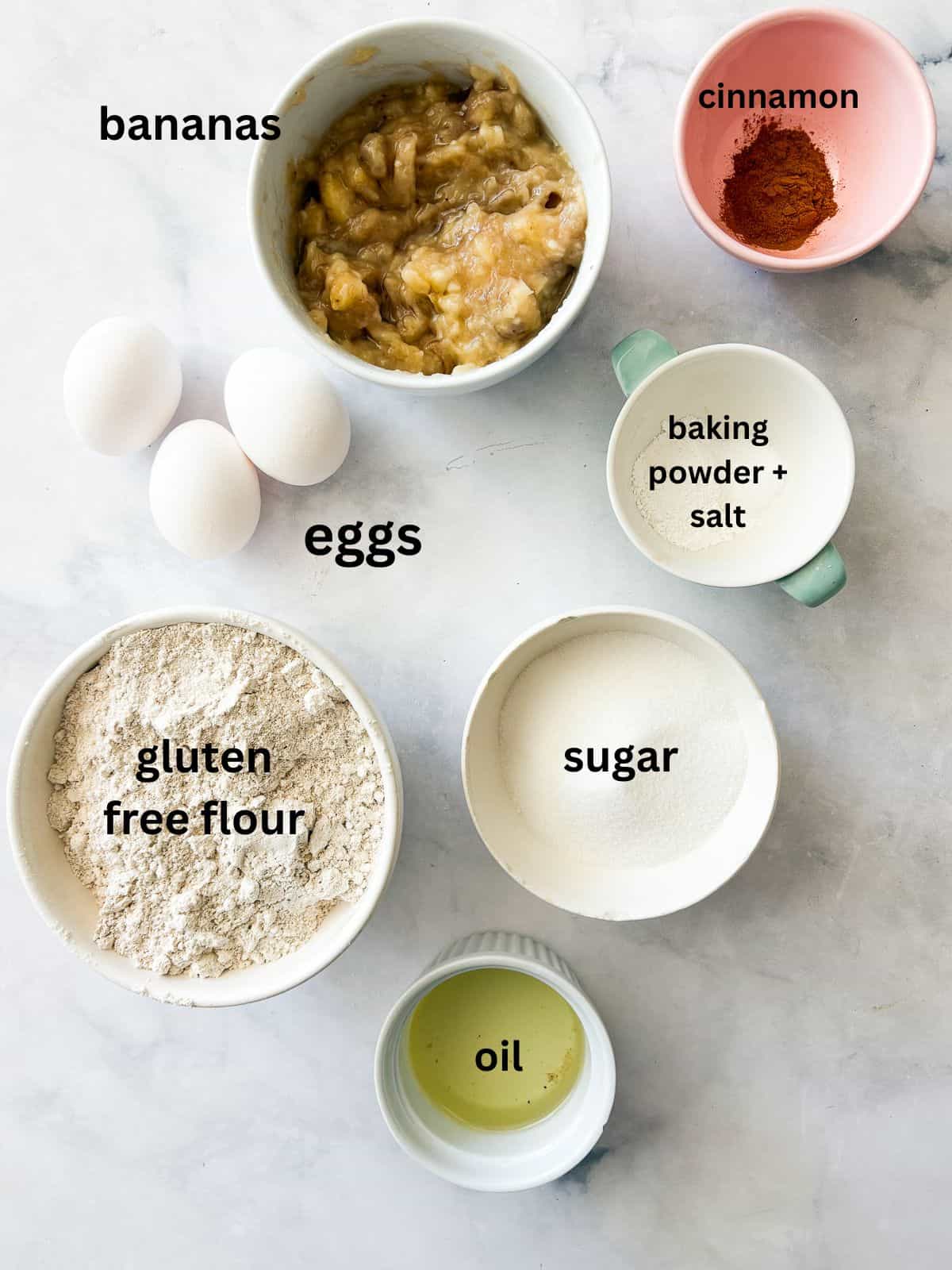 Perfect-every-time, super easy, beyond comforting and cozy gluten-free banana bread is made in just one bowl and bakes up like a dream. Ingredients for gluten free banana bread are text labeled.