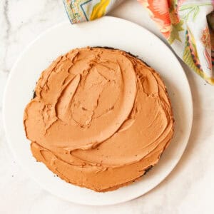 The best chocolate cake ever on a white plate.